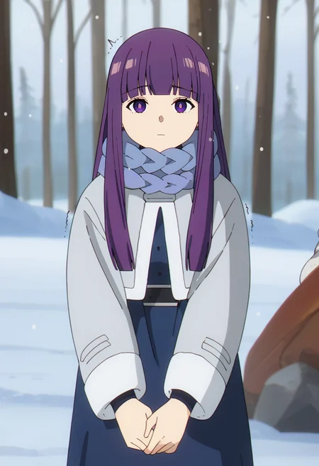 score_9, score_8_up, score_7_up,
<lora:SousouNoFrieren_FernXL:0.9>, FernSSnF,
1girl, solo, closed mouth,
purple hair, long hair, purple eyes, bright pupils, blunt bangs,
FernWinter, blue scarf, grey coat, blue dress,
standing, looking at the viewer, trembling, shiver lines,
forest, tree, winter, snow, snowing, blizzard, cold, nature, photo background, blurry background