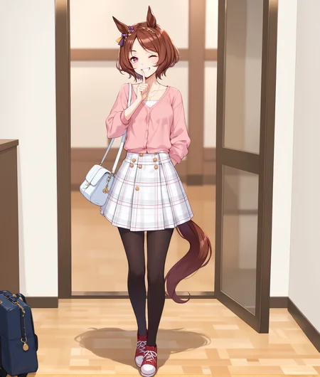 score_9, score_8_up, score_7_up BREAK
casual_clothes, 1girl, solo, looking at viewer, smile, short hair, skirt, brown hair, shirt, long sleeves, tail, full body, pantyhose, one eye closed, shoes, bag, grin, plaid, black pantyhose, white skirt, horse ears, horse girl, red footwear, horse tail, arm behind back, pink shirt, shoulder bag, finger to mouth,
seductive smile,
<lora:sakura_laurel-ponyXL:0.8>,
five fingers,