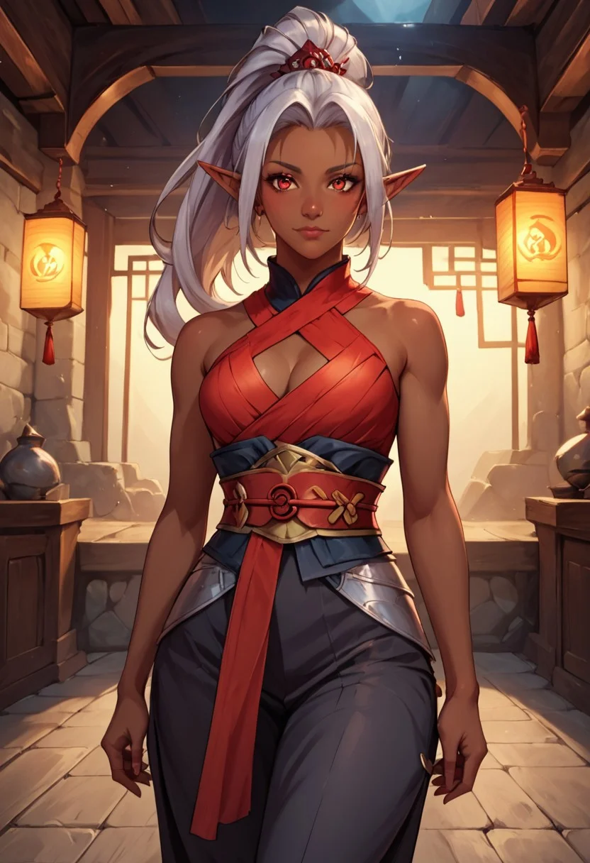 score_9, score_8_up, score_8, 1girl, solo, dark elf girl, dark skin, medium length silver hair, high ponytail, medium breast, fantasy kunoichi assassin, standard black kunoichi attire, sleeveless garment, a red obi wrapped around her waist, pants that have openings around her thighs, blouse noticeably kept slightly opened, showing off most of her cleavage, fantasy dungeon background, detailed colours, cinematic light, fully coloured, volumetric lighting