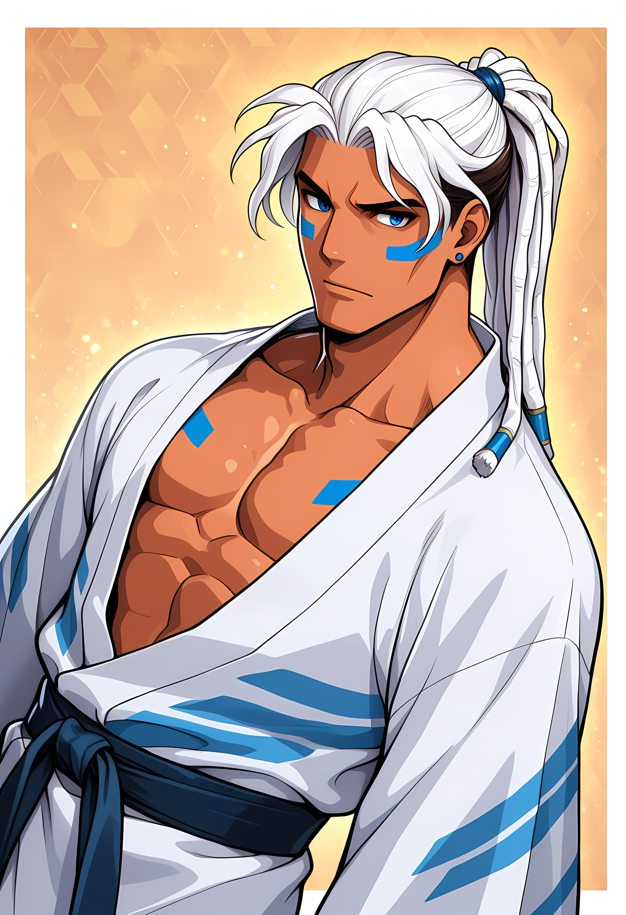 masterpiece, best quality, amazing quality, dutch angle, abstract background, BREAK
1boy, solo, male focus, ff_rick, long hair, ponytail, white hair, dark skin, blue eyes, tied dreadlocks, face paint, body paint, yukata, japanese clothing, BREAK
<lora:cfg_scale_boost:.6>  <lora:Rick_Strowd_-_Fatal_Fury_-_ILXL:1>