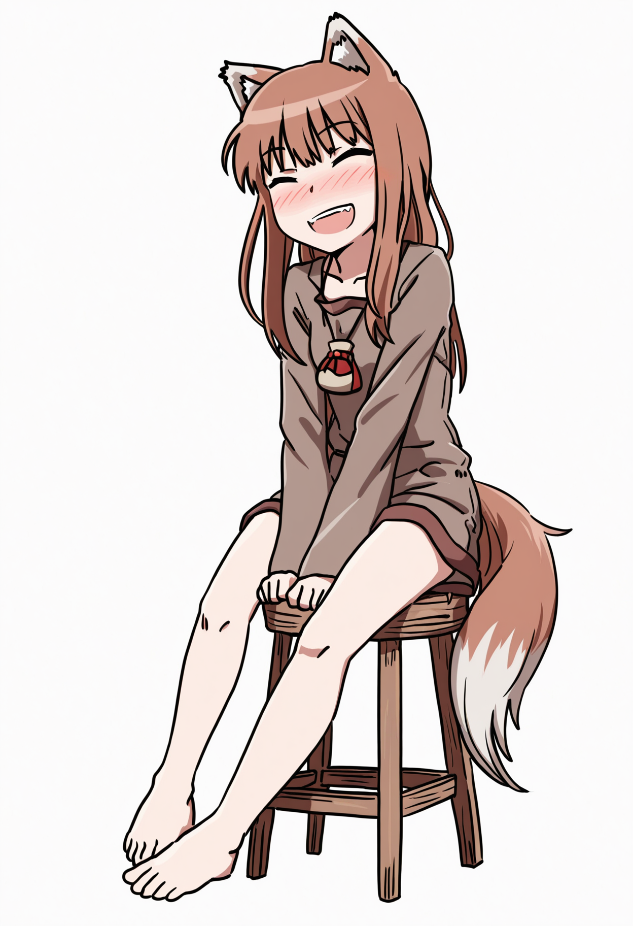 masterpiece,best quality,amazing quality,
1girl, solo, tail, long hair, wolf tail, animal ears, closed eyes, wolf ears, sitting, simple background, blush, smile, open mouth, wolf girl, brown hair, barefoot, white background, stool, holo,
<lora:Drifter:1>