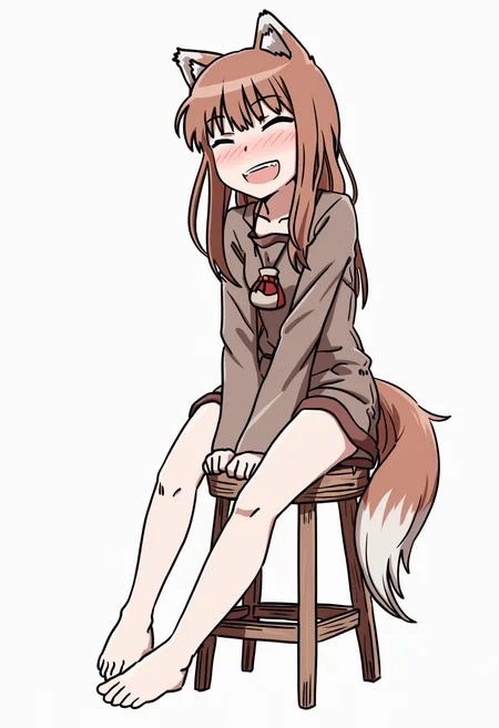 masterpiece,best quality,amazing quality,
1girl, solo, tail, long hair, wolf tail, animal ears, closed eyes, wolf ears, sitting, simple background, blush, smile, open mouth, wolf girl, brown hair, barefoot, white background, stool, holo,
<lora:Drifter:1>