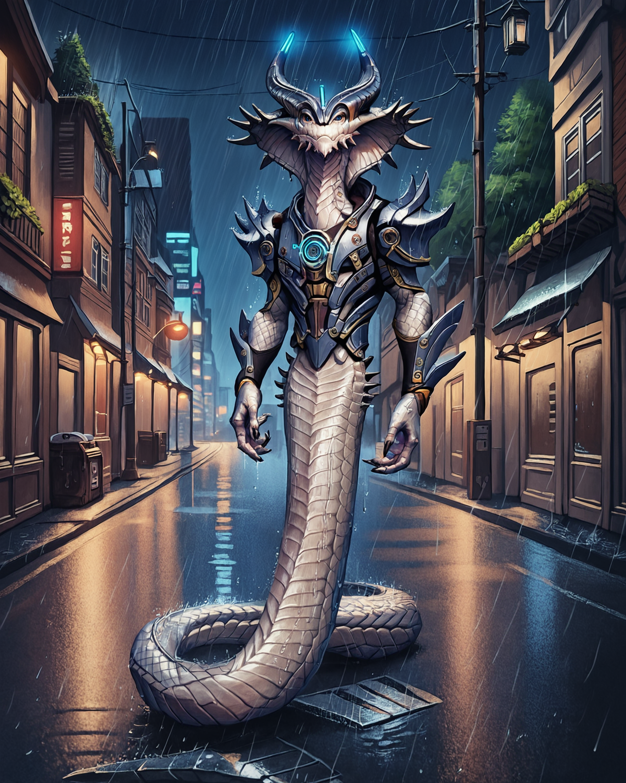 score_9, score_8_up, score_7_up, rating_questionable, intricately detailed,
<lora:The_World_Ends_With_YouGame_Art_Style:1>,
<lora:Viper_King_XCOM_2:0.8>, 
1boy(v1per_king, sp1key_armor, full body, reptilian, white scales, black spikes, solo, looking at the viewer), 
rain, wet street, wet, science fiction city, futuristic buildings, high rises, on a road, at night, darkness, rainfall, dark theme,
depth of field, detailed background,
<lora:ral-chrosc-clr:0.5>, ral-chrosc-clr,
<lora:Expressive_H:0.5>, expessiveH,
<lora:xl_more_art-full_v1:0.3>,
<lora:add-detail-xl:0.3>