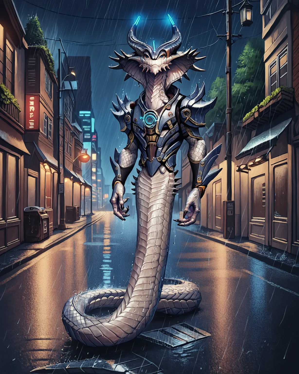 score_9, score_8_up, score_7_up, rating_questionable, intricately detailed,
<lora:The_World_Ends_With_YouGame_Art_Style:1>,
<lora:Viper_King_XCOM_2:0.8>,
1boy(v1per_king, sp1key_armor, full body, reptilian, white scales, black spikes, solo, looking at the viewer),
rain, wet street, wet, science fiction city, futuristic buildings, high rises, on a road, at night, darkness, rainfall, dark theme,
depth of field, detailed background,
<lora:ral-chrosc-clr:0.5>, ral-chrosc-clr,
<lora:Expressive_H:0.5>, expessiveH,
<lora:xl_more_art-full_v1:0.3>,
<lora:add-detail-xl:0.3>