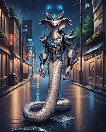 score_9, score_8_up, score_7_up, rating_questionable, intricately detailed,
<lora:The_World_Ends_With_YouGame_Art_Style:1>,
<lora:Viper_King_XCOM_2:0.8>,
1boy(v1per_king, sp1key_armor, full body, reptilian, white scales, black spikes, solo, looking at the viewer),
rain, wet street, wet, science fiction city, futuristic buildings, high rises, on a road, at night, darkness, rainfall, dark theme,
depth of field, detailed background,
<lora:ral-chrosc-clr:0.5>, ral-chrosc-clr,
<lora:Expressive_H:0.5>, expessiveH,
<lora:xl_more_art-full_v1:0.3>,
<lora:add-detail-xl:0.3>