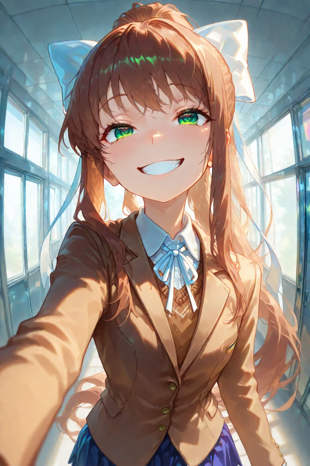 monika, long hair, brown hair, ponytail, green eyes, ribbon, white ribbon, bow, hair ribbon, hair bow, very long hair, blazer, brown sweater, collared shirt, neck ribbon, blue skirt,
walks towards viewer, reaches hand to upper right corner of picture, playful grin, sly eyes, predatory look, close-up, school, in school hallway, wall with windows on right, wall with doors on left,
masterpiece, best quality, amazing quality, very aesthetic, absurdres, newest,
scenery, (volumetric lighting) <lora:holographiccolor:0.7> <lora:DarkerThanBlackIllustrious:0.5> <lora:Monika-Illustrious:0.9> <lora:ponyv5_noobV065S_1_adamW:0.6> <lora:Fisheye_Style:0.7>