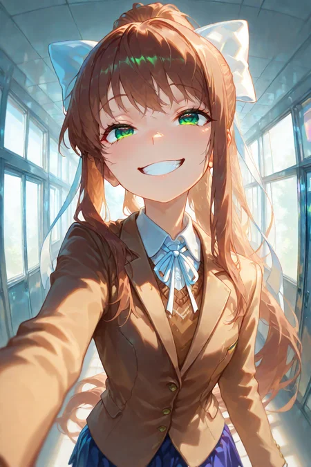 monika, long hair, brown hair, ponytail, green eyes, ribbon, white ribbon, bow, hair ribbon, hair bow, very long hair, blazer, brown sweater, collared shirt, neck ribbon, blue skirt,
walks towards viewer, reaches hand to upper right corner of picture, playful grin, sly eyes, predatory look, close-up, school, in school hallway, wall with windows on right, wall with doors on left,
masterpiece, best quality, amazing quality, very aesthetic, absurdres, newest,
scenery, (volumetric lighting) <lora:holographiccolor:0.7> <lora:DarkerThanBlackIllustrious:0.5> <lora:Monika-Illustrious:0.9> <lora:ponyv5_noobV065S_1_adamW:0.6> <lora:Fisheye_Style:0.7>