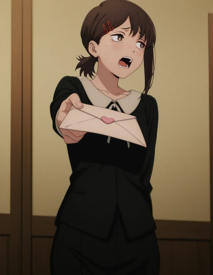 masterpiece, best quality, amazing quality,, <lora:kobeni-higashiyama-s1-illustriousxl-lora-nochekaiser:1>, kobeni higashiyama, higashiyama kobeni, black hair, hair ornament, hairclip, mole, mole under eye, ponytail, short hair, brown eyes, mature female, small breasts, anime screencap, <lora:tsundere-illustriousxl-lora-nochekaiser:1>, tsundere, incoming letter, love letter, outstretched arm, looking away, blush, open mouth, cowboy shot,