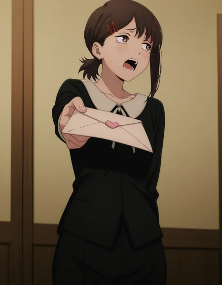 masterpiece, best quality, amazing quality,, <lora:kobeni-higashiyama-s1-illustriousxl-lora-nochekaiser:1>, kobeni higashiyama, higashiyama kobeni, black hair, hair ornament, hairclip, mole, mole under eye, ponytail, short hair, brown eyes, mature female, small breasts, anime screencap, <lora:tsundere-illustriousxl-lora-nochekaiser:1>, tsundere, incoming letter, love letter, outstretched arm, looking away, blush, open mouth, cowboy shot,