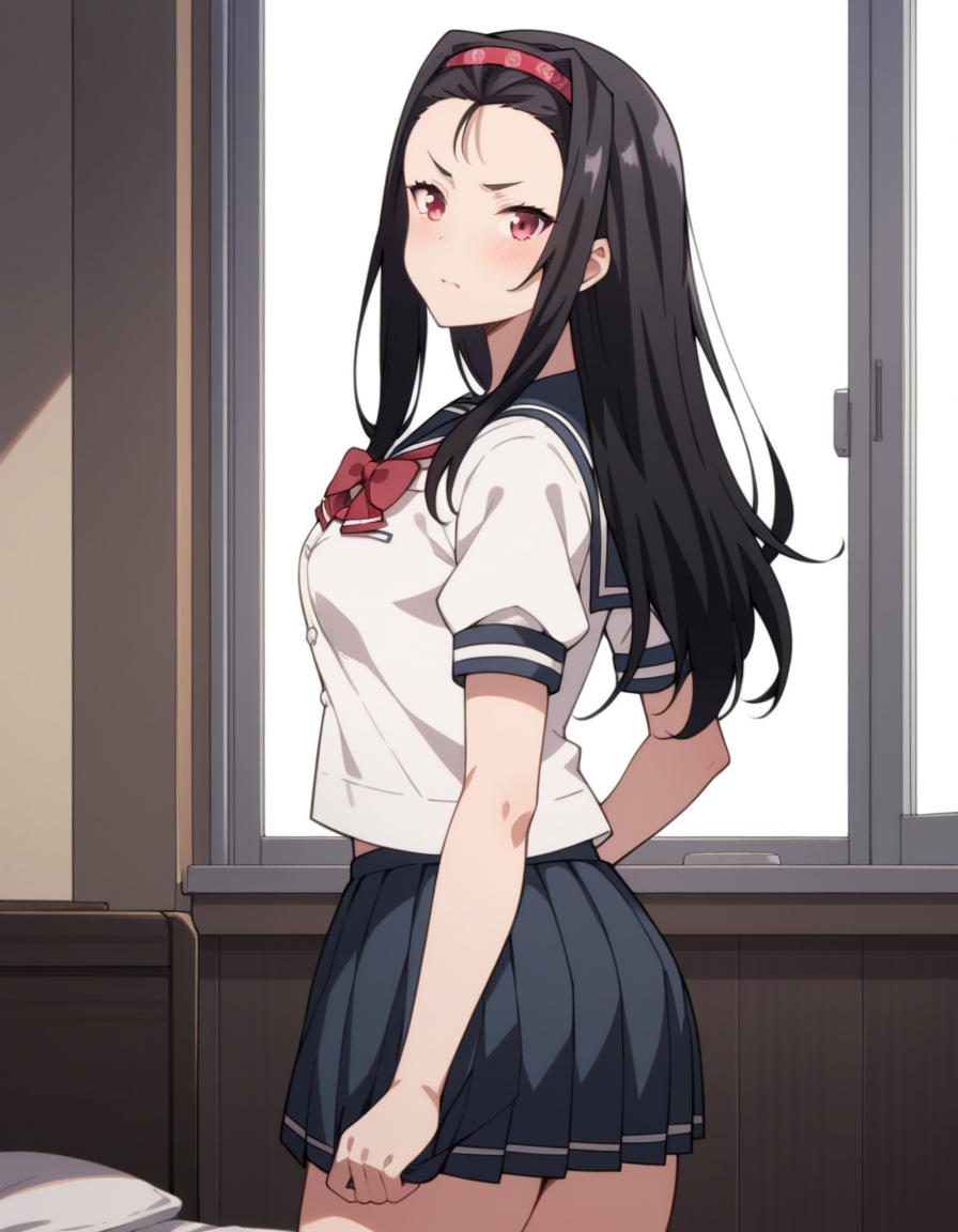 score_9, score_8_up, score_7_up, source_anime, uncensored, <lora:StS_detail_slider_v1:3>, zPDXLxxx, <lora:Asaka_Mayama_PONYXL_VexVexX:1>, AsakaMayama, 1girl, red eyes, black hair, long hair, hairband, forehead, medium breasts, school uniform, serafuku, white shirt, pleated skirt, red bowtie, cowboy shot, indoors, from side, Playfully cover part of your face with your hand or a prop, leaving one eye visible, creating a sense of intrigue, thighs, looking at viewer