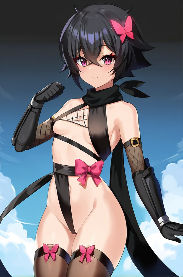 Solo, 1girl, female, nora_assassin, black hair, small breast, butterfly hair ornament, hair between eyes, crossed bangs, short hair, pink eyes, toenails, cute face, detailed skin, perfect eyes, detailed eyes, perfect hands, perfect face, BREAK outfit1, ninja, fishnets, scarf, elbow gloves, black gloves, navel, revealing clothes, bow, thighhighs, BREAK town, outdoors, colorful, looking at viewer, portrait, close up, BREAK ((ultra-detailed)), ((best quality)), ((best quality)), ((beautiful eyes)), ((extremely detailed)), 4K, (8K), best quality, (beautiful), Master piece, highres, score_9, score_8_up, score_7_up, score_6_up, score_5_up, score_4_up, colorful, best quality, official art, highres, masterpiece, nai3, god light, detailed background, high quality background, very aesthetic, absurdres, <lora:add_details_xl:1> <lora:light_sharp_style_magin3.1:1>  <lora:Nora_Assassin_The_Doppelganger_Of_Light_And_Shadow:0.75>