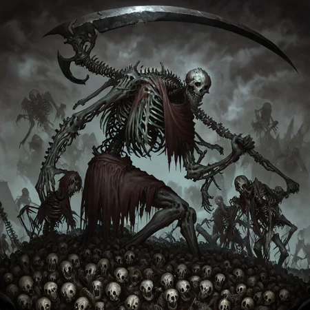 masterpiece, best quality, newest, absurdres, highres,
TWEV1.0, no humans, monster, giant, undead, zombie, rotten flesh, horror (theme), skeleton, bones, skull, holding weapon, weapon, scythe, grim ripper, ghost, wraith,