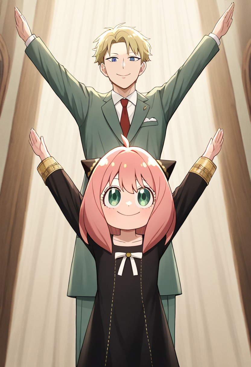 masterpiece, best quality, newest, absurdres, highres,  anime, anime style, PraiseTS-V1.0, \o/,  outstretched arms, praise the sun,  arms up, 1boy, loid forger \(spy_x_family\), blonde, blue eyes, green suit,
1girl, Anya_forger, \(spy_x_family\), pink hair, smile, happy, jolly,