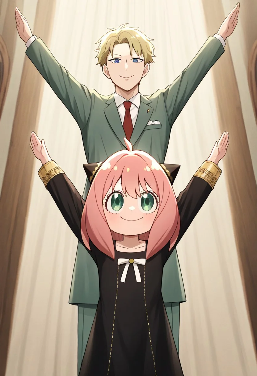 masterpiece, best quality, newest, absurdres, highres, anime, anime style, PraiseTS-V1.0, \o/, outstretched arms, praise the sun, arms up, 1boy, loid forger \(spy_x_family\), blonde, blue eyes, green suit,
1girl, Anya_forger, \(spy_x_family\), pink hair, smile, happy, jolly,