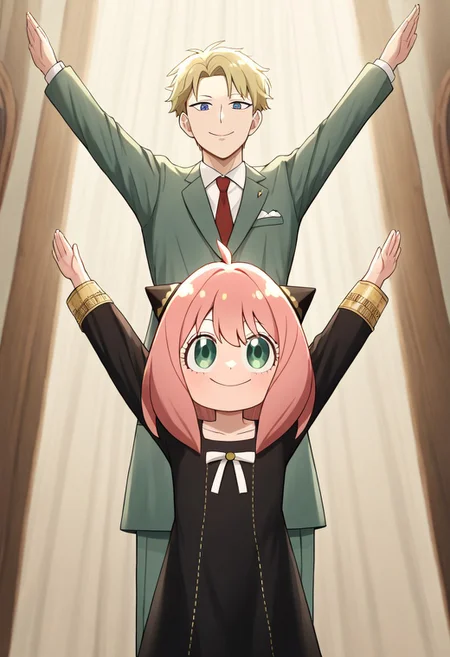masterpiece, best quality, newest, absurdres, highres, anime, anime style, PraiseTS-V1.0, \o/, outstretched arms, praise the sun, arms up, 1boy, loid forger \(spy_x_family\), blonde, blue eyes, green suit,
1girl, Anya_forger, \(spy_x_family\), pink hair, smile, happy, jolly,