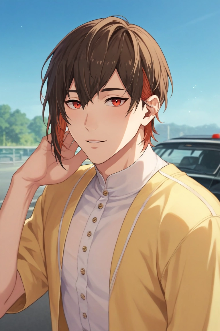 score_9, score_8_up, score_7_up, , rating_safe, , (realistic:0.6), looking at viewer, depth of field, 1boy, solo, male focus, <lora:yakumo_nu_carnival_pony:0.88>, yakumo_nu_carnival, brown hair, red eyes, short hair, multicolored hair, two-tone hair, red hair, , taxi driver costume, <lora:sdxl_lightning_8step_lora:1>