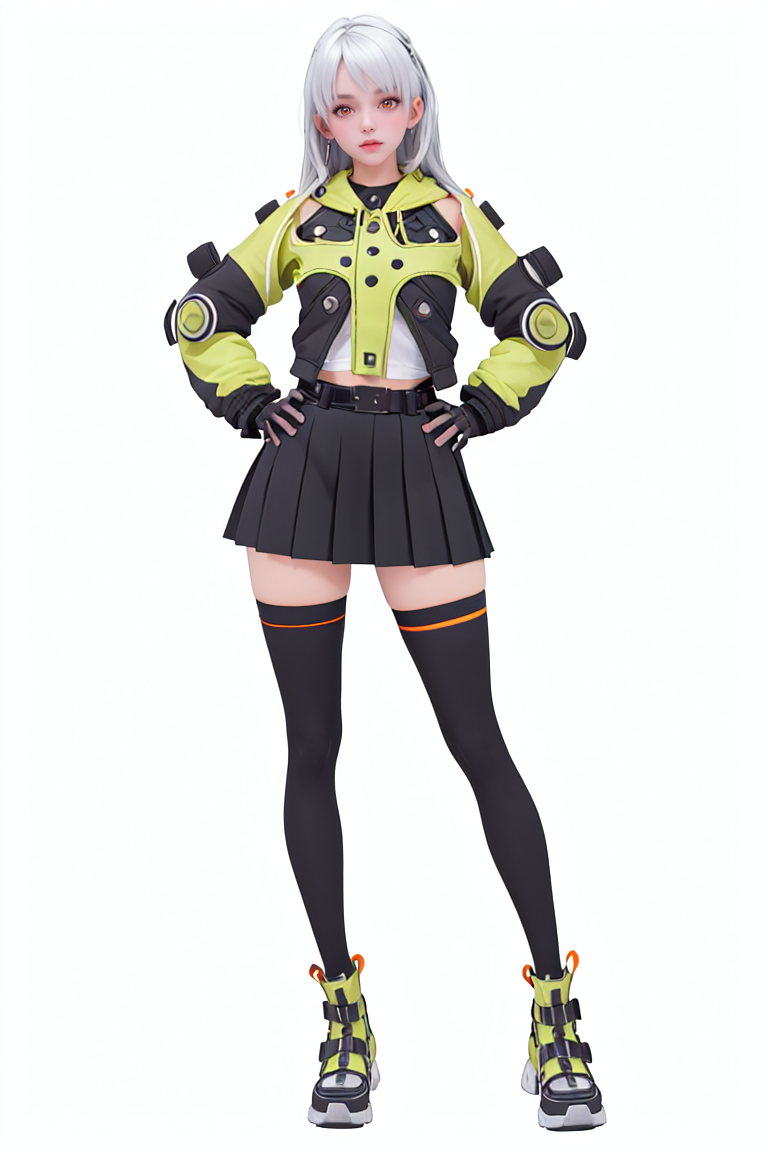 8k, best quality, masterpiece, (ultra-detailed), (high detailed skin), 
(full body:1.25), (white background:1.4), (simple background), standing, looking at viewer, (solo:1.2), hands on hips, 
<lora:anbi-sd-Tanger:1>, anbi, default clothes, 1girl, black fingerless gloves, black thighhighs, orange eyes, black  pleated skirt,