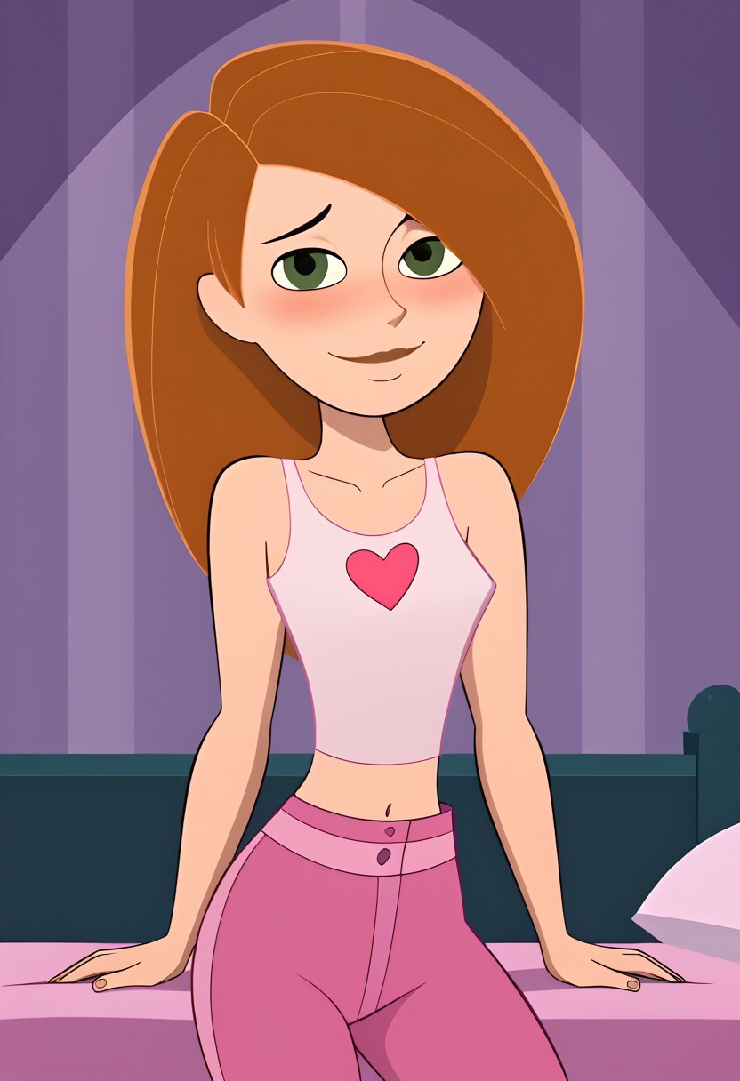Kim, White Crop Top with Pink Heart, Pink Pants, 
small breasts, perfect boobs, naked, looking at viewer, smile, mouth closed, embarrassed, blushing, sexy look, naughty look, closed mouth, 
bedroom,