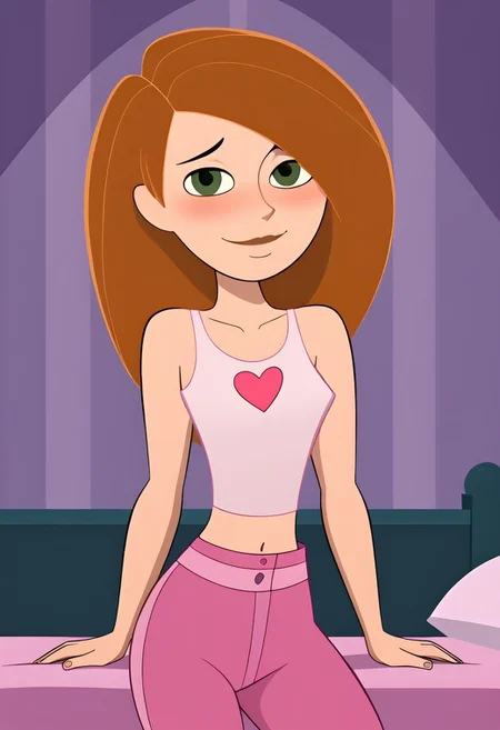 Kim, White Crop Top with Pink Heart, Pink Pants,
small breasts, perfect boobs, naked, looking at viewer, smile, mouth closed, embarrassed, blushing, sexy look, naughty look, closed mouth,
bedroom,