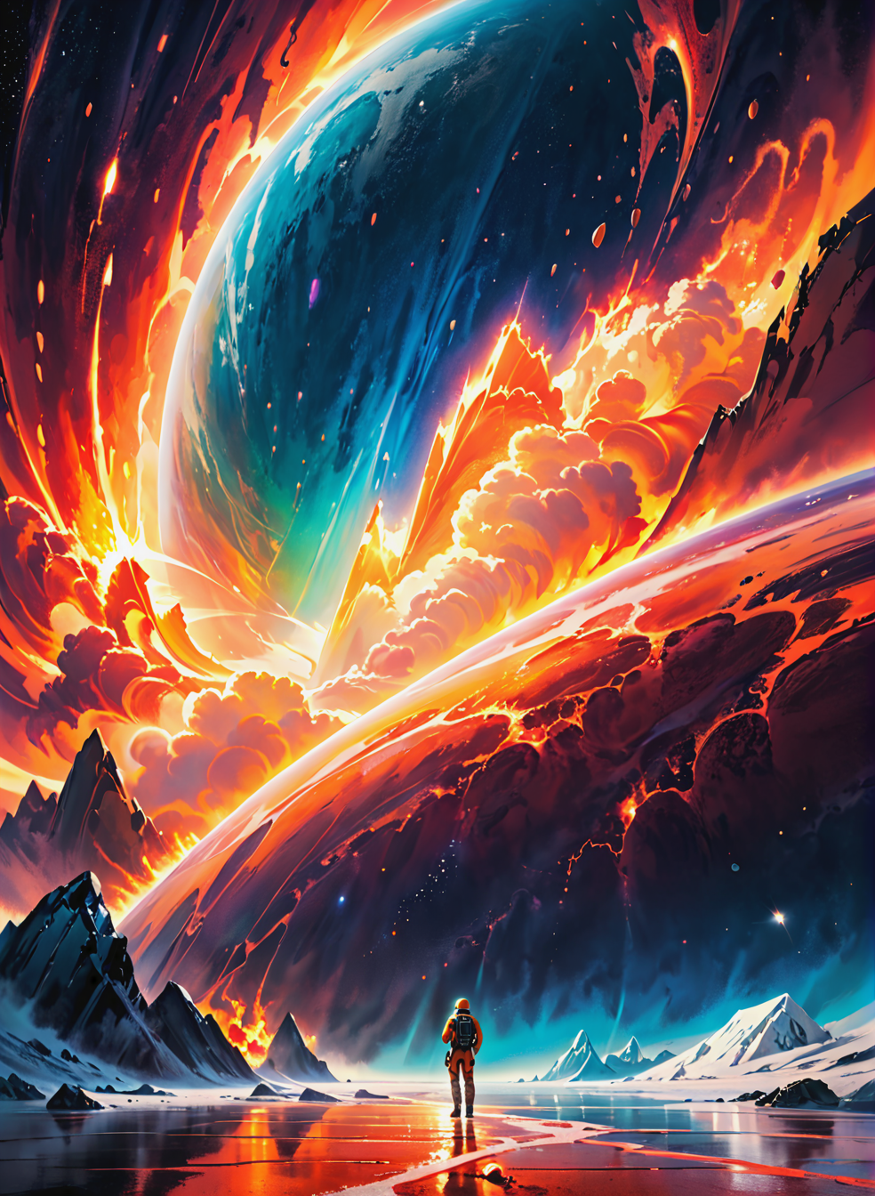 ((Cinematic film screensaver)), ((futuristic picture)), birth of the planet, celestial action scene, science fiction film Solaris, story Stanislav Lem, science fiction space, science fiction story about space travel, volcano planet, ((fire)), air currents, water drops, painted world, colorful splashes,  <lora:Painted World:0.7>, tender, soft pastel colors, soft natural volumetric light, atmospheric, sharp focus, centered composition, complex background, soft haze, masterpiece, animalistic, beautiful, tiny detailed, ultra fine, dramatic lighting, (full body realistic photo), ((frame filled with various details)), soft lighting, (Highly Detailed:1.6), <lora:add-detail-xl:1.2>, ((professional photo)), ((64 megapixels)), HDR, (((ultra high quality))).