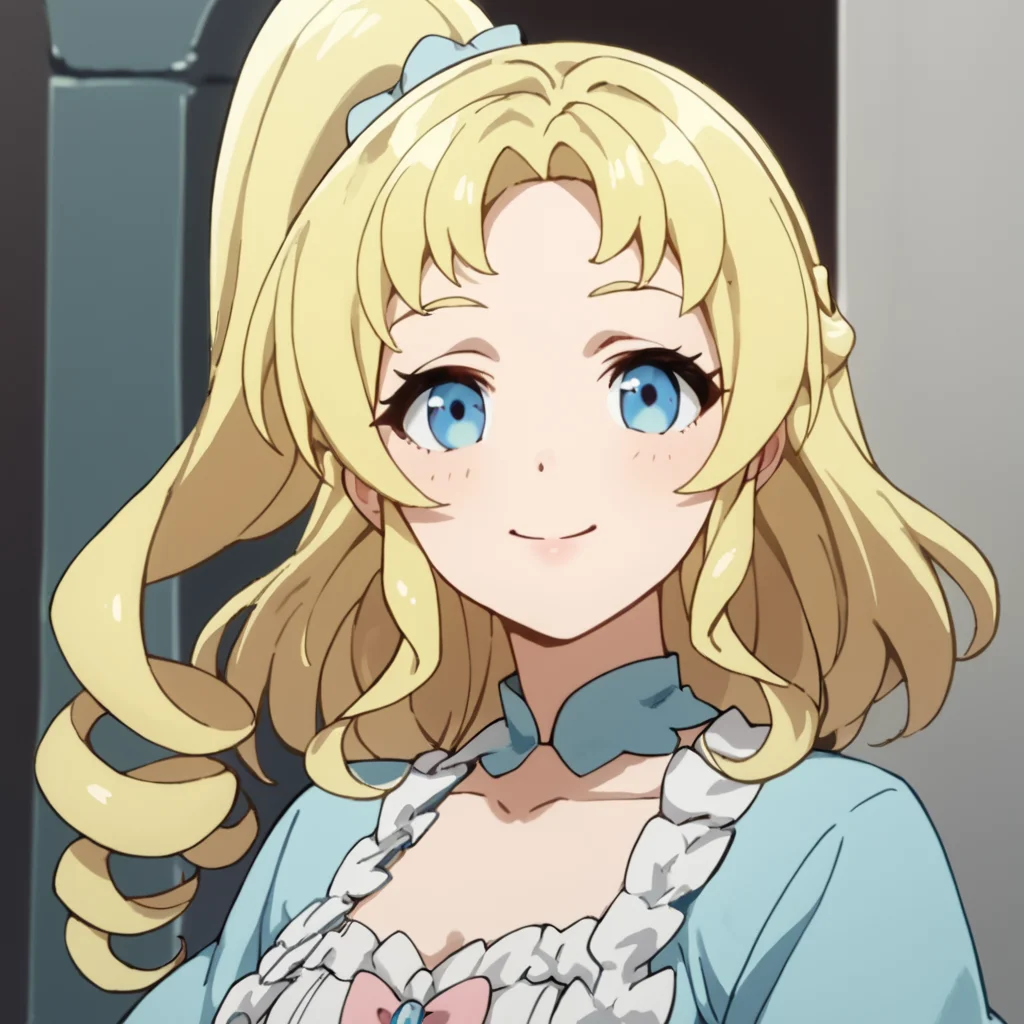 score_9, score_8_up, score_7_up, score_6_up, score_5_up, score_4_up, source_anime, Tillis, blue eyes, long hair, blonde hair, side ponytail, medium breasts, , smile, portrait