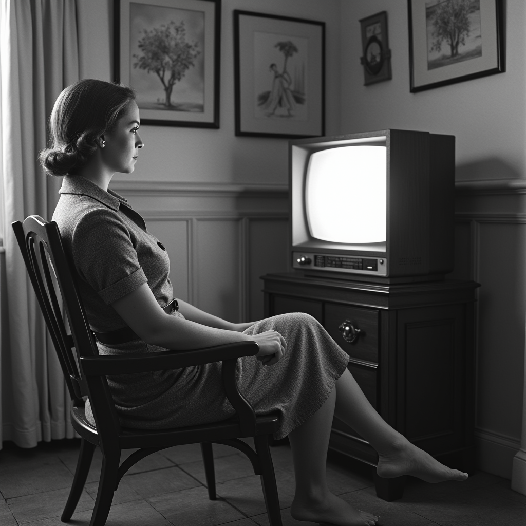 <lora:Technicolor style v2:1>
In the 1950's a woman sitting in a chair in front of a television