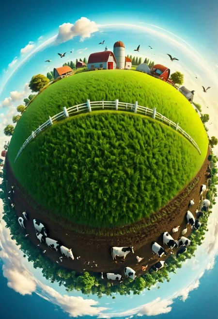 a small Happy planet with a Happy Farm and trees, birds and some cows in it,