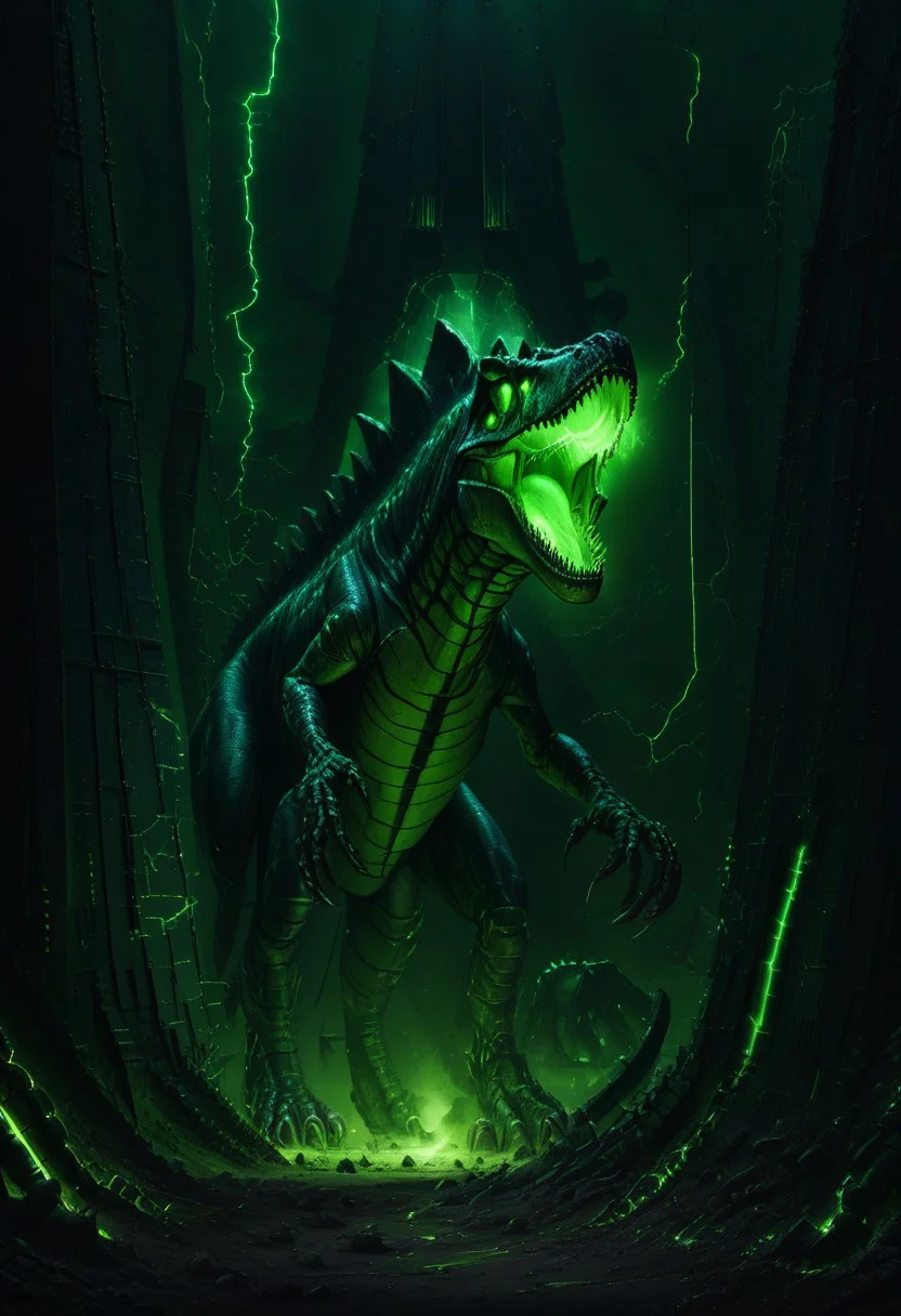 Necron, electricity, green glow, green theme, dinosaur,