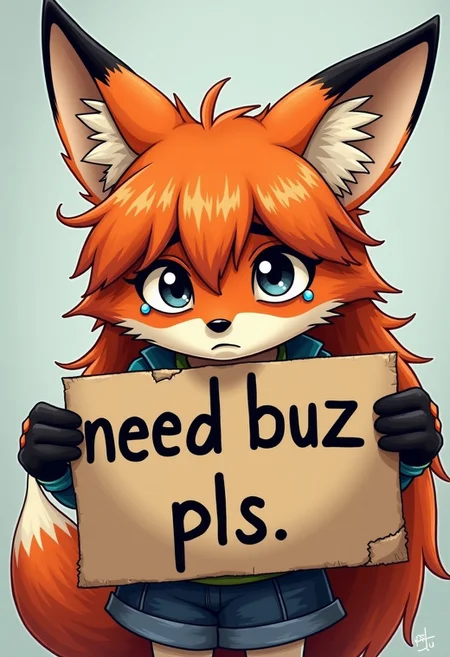 A very sad crying foxgirl holding a sign that says "need buzz pls"