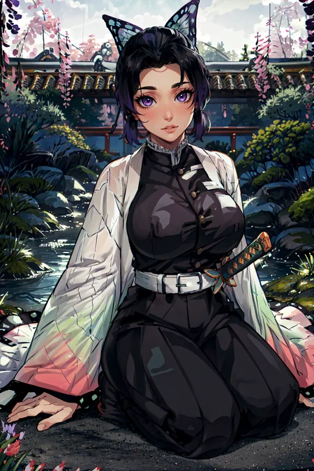 (masterpiece, best quality, ultra detailed, absurdres)1.5, 1girl, (sexy, beautiful woman, perfect face, perfect eyes, perfect female body, huge breasts)1.5, (kochou_shinobu, SH1N0BU, demon slayer uniform, solo, butterfly hair ornament, black hair, purple hair, japanese clothes, haori, multicolored hair, katana on the ground, <lora:[P]-Shinobu:1>), (kneeling, in a Japanese garden, wisteria trees), perfect lighting, smooth, hdr