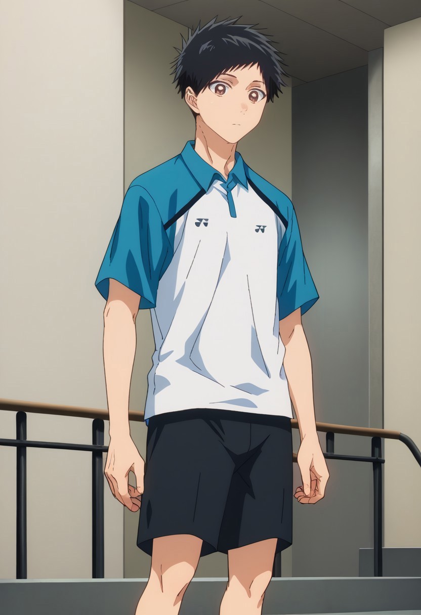 score_9, score_7_up, source_anime, 

taiki, 1boy, male focus, solo, brown eyes, black hair, short hair, sportwear, shirt, polo shirt, short sleeves, raglan sleeves, blue shirt, white shirt, multicolored shirt, multicolored clothes, shorts, black shorts,
indoor