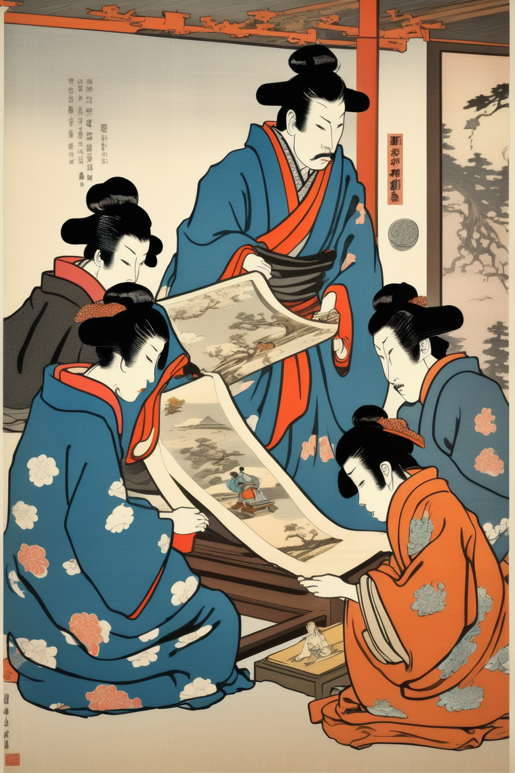 <lora:Ukiyo-e Art:1>Ukiyo-e Art - caricature of European people admiring a Ukiyo-e print.
