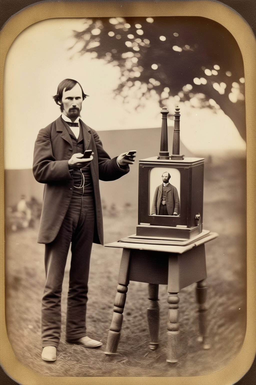 <lora:Albumen Print:1>Albumen Print - Welsh settler in 1860 presenting a new mobile prototype to audience. Looks like Steve Jobs presenting the iphone. Rare photo is not the best condition. Vintage photo was taken by a field view camera.