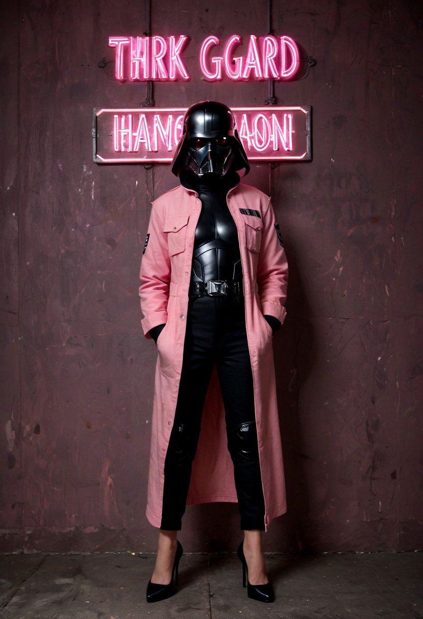 score_9, score_8_up, score_7_up, score_7, score_6_up, photo, detailed, full body, tack sharp, sharp focus, raw, realistic, highest quality, masterpiece, solo, Darth Vader in neon pink uniform, high heels, pink helmet on, very detailed dynamic Star Wars hangar as background, ((nsgzz, "BUZZ" (text), caps font, text focus, text, neon sign, white text, pink theme, glow)), d3t41l3d, full body