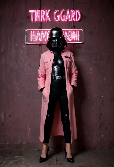 score_9, score_8_up, score_7_up, score_7, score_6_up, photo, detailed, full body, tack sharp, sharp focus, raw, realistic, highest quality, masterpiece, solo, Darth Vader in neon pink uniform, high heels, pink helmet on, very detailed dynamic Star Wars hangar as background, ((nsgzz, "BUZZ" (text), caps font, text focus, text, neon sign, white text, pink theme, glow)), d3t41l3d, full body