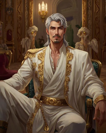 <lora:ck-LttleGhost-000011.safetensors:1> in the style of ck-lttlegh0stA silver-haired Middle Eastern male sits majestically in a sumptuous palace interior. His piercing gaze commands attention as he wears ornate white robes adorned with gold embroidery and a gleaming belt. The atmosphere is one of timeless elegance and imperial grandeur, created by the combination of his attire, surroundings, and lighting.