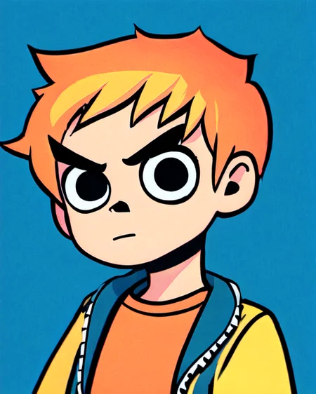 <lora:scottpilgrimvstheworld:1> scottpilgrimvstheworld, 1boy, simple background, orange hair, shirt, open jacket, upper body, looking at viewer, v-shaped eyebrows,