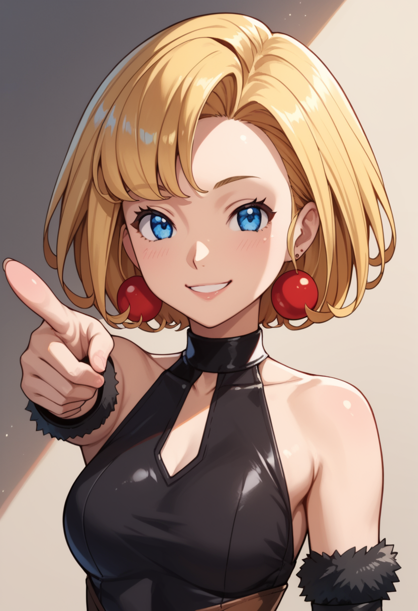 <lora:easynegative:1> score_9, score_8_up, score_7_up, (closeup:1.3), intricate detail, masterpiece, best quality, Deep shadows, high contrast, Volumetric lighting, fantasy RPG,
<lora:Virgin_Witch_Maria_(Pony):1.0> virginwitchmaria, blonde_hair, blue_eyes, short hair, earrings, cute, cute, arm out, pointing, smile, smug