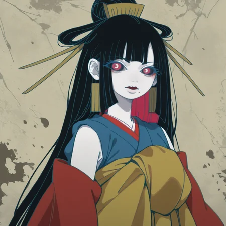 Horror-themed, score_9, score_8_up, score_7_up, score_6_up, score_5_up BREAK t1u5, 1girl, mole under mouth, colored sclera, pink eyes, symbol-shaped pupils, long hair, black hair, blue kimono, sleeveless, earrings, hair stick, hime cut, sidelocks, hair ornament, colored inner hair, yellow obi, red sleeves, detached sleeves, cowboy shot, pale skin, looking at viewer, solo, <lora:tukiGirlPDXL16v0.95cametx1-000008:0.8>, Eerie, unsettling, dark, spooky, suspenseful, grim, highly detailed