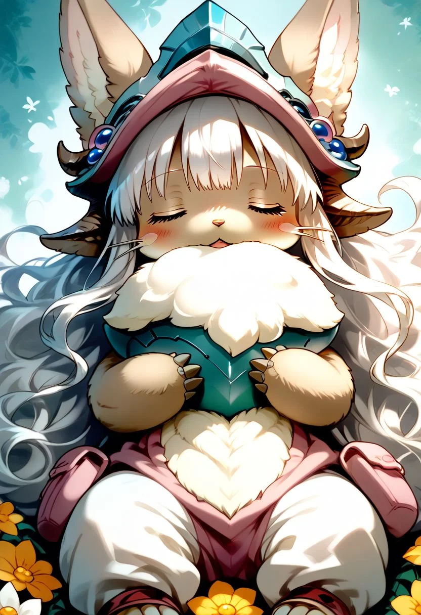 score_9, score_8_up, score_7_up, source_cartoon, 1girl, nanachi, \(made in abyss\)/,(ultra HD quality details), green eyes, white hair, furry, animal ears, tail, sidelocks, solo, adorable nanachi, sleeping on a flower, sleeping, (tiny size, sleeping:1.2), blushing, moaning, (puffy pants, helmet, long hair, ears through headwear:1.1), colorful detailed flower background, (detailed image, high resolution, 5k resolution:1.0), Expressiveh,