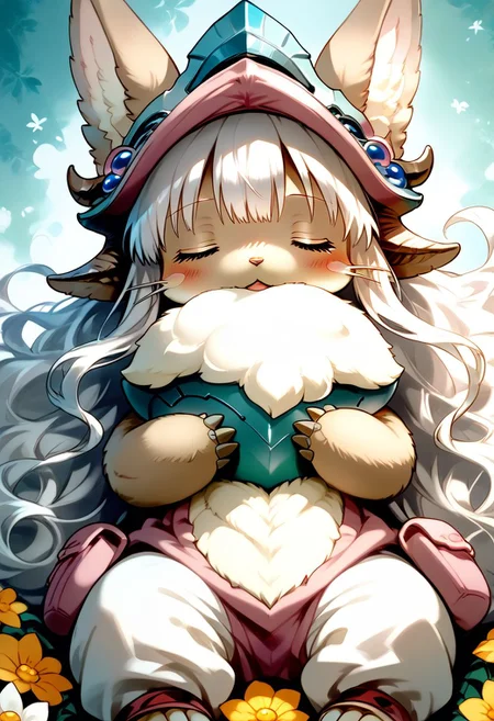 score_9, score_8_up, score_7_up, source_cartoon, 1girl, nanachi, \(made in abyss\)/,(ultra HD quality details), green eyes, white hair, furry, animal ears, tail, sidelocks, solo, adorable nanachi, sleeping on a flower, sleeping, (tiny size, sleeping:1.2), blushing, moaning, (puffy pants, helmet, long hair, ears through headwear:1.1), colorful detailed flower background, (detailed image, high resolution, 5k resolution:1.0), Expressiveh,