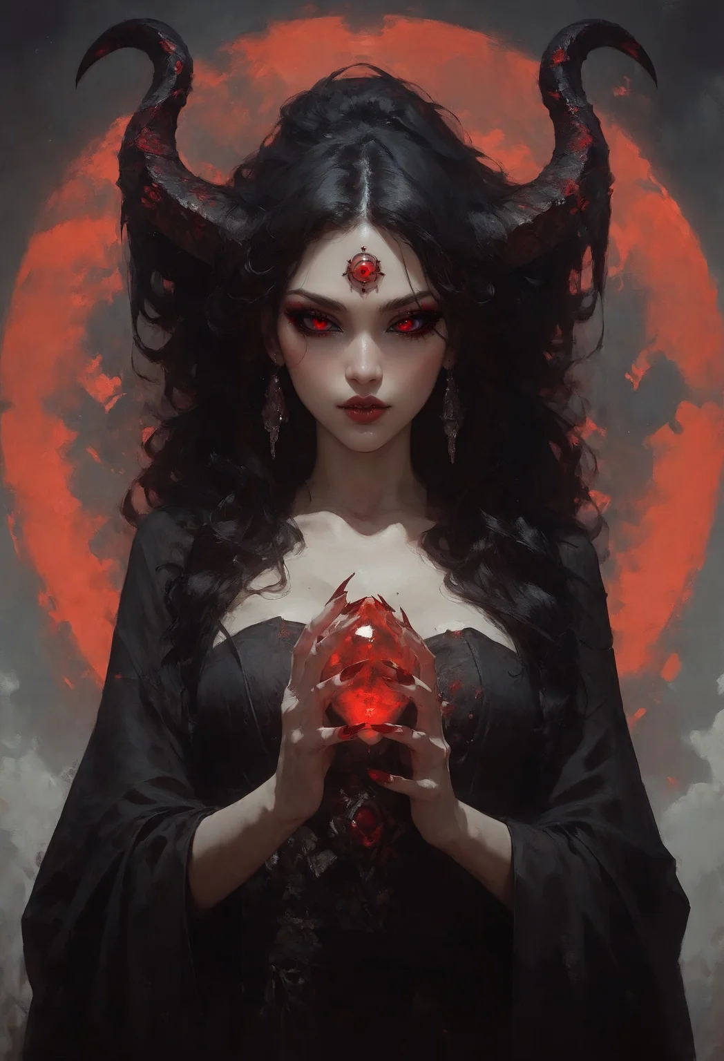 score_9, score_8_up, score_7_up,  solo, a gorgeous japanese girl, ominous, beautiful face, beautiful features, glowing bright red eyes, red pupils, seductive stare, huge demon horns, adorned horns, black sclera, pale skin, black eyeshadow, thick red eyeliner, red lipstick, thick eyelashes, beautiful black hair, bloody hands, dark red gemstone in forehead, dark red jewelry, wearing a black kimono, long red fingernails, black background, red linework around the character, thick line art, large glowing moon behind the character, drapery dress, dark red cloak, looking down at the viewer, cowboy shot  <lora:pony/twilight_style:0.8> <lora:pony/expressiveh:0.8> expressiveh <lora:pony/vixon_gothic_oil_style:0.7> d4rk01l