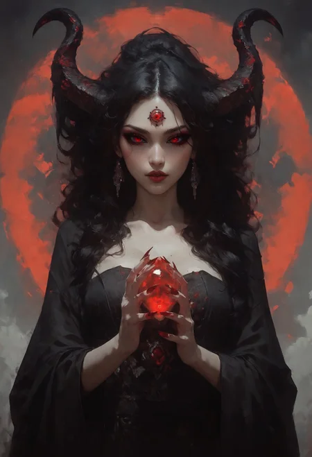 score_9, score_8_up, score_7_up,  solo, a gorgeous japanese girl, ominous, beautiful face, beautiful features, glowing bright red eyes, red pupils, seductive stare, huge demon horns, adorned horns, black sclera, pale skin, black eyeshadow, thick red eyeliner, red lipstick, thick eyelashes, beautiful black hair, bloody hands, dark red gemstone in forehead, dark red jewelry, wearing a black kimono, long red fingernails, black background, red linework around the character, thick line art, large glowing moon behind the character, drapery dress, dark red cloak, looking down at the viewer, cowboy shot  <lora:pony/twilight_style:0.8> <lora:pony/expressiveh:0.8> expressiveh <lora:pony/vixon_gothic_oil_style:0.7> d4rk01l