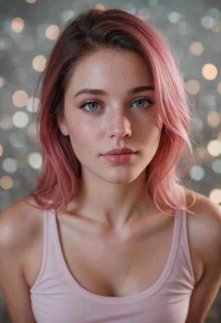 score_9, score_8_up, score_7_up, (masterpiece, best quality, ultra-detailed, realistic), 1girl, hot pink hair, freckles, 18yo, gorgeous, cute face, cute girl, short fluffy black hair, detailed face, beautiful woman's face, crop top, looking at viewer, ultra realistic, hyper realistic, bokeh background, (from above), dynamic composition, engaging narrative, high-quality details, evocative mood, immersive scene, realistic textures, captivating atmosphere