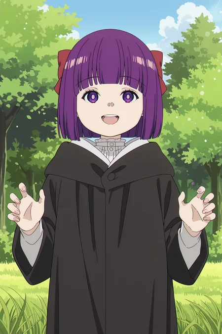anime screencap, anime coloring, detailed face, perfect fingers, masterpiece, best quality, very aesthetic, absurdres, bokeh, volumetric lighting,
outside, grass, trees, detailed background, blue sky, clouds,
 <lora:Fern_Frieren_Beyond_Journeys_End_-_Illustrious_V2:1>
Fern (character), fern (sousou no frieren), Young Fern appearance, 1girl, female child, purple hair, purple hair, short hair, bobcut, blunt bangs, purple eyes, bright pupils, red hair bow, black robe,
cowboy shot, looking at the viewer, big smile, mouth open, teeth, happy girl, :D, smile