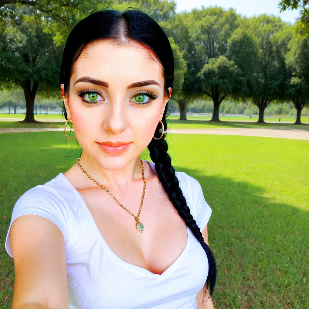 earrings, t-shirt, makeup, black hair in a ponytail braid, green eyes, outdoors, necklace, white dress, brown eyes, breasts
