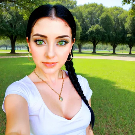 earrings, t-shirt, makeup, black hair in a ponytail braid, green eyes, outdoors, necklace, white dress, brown eyes, breasts