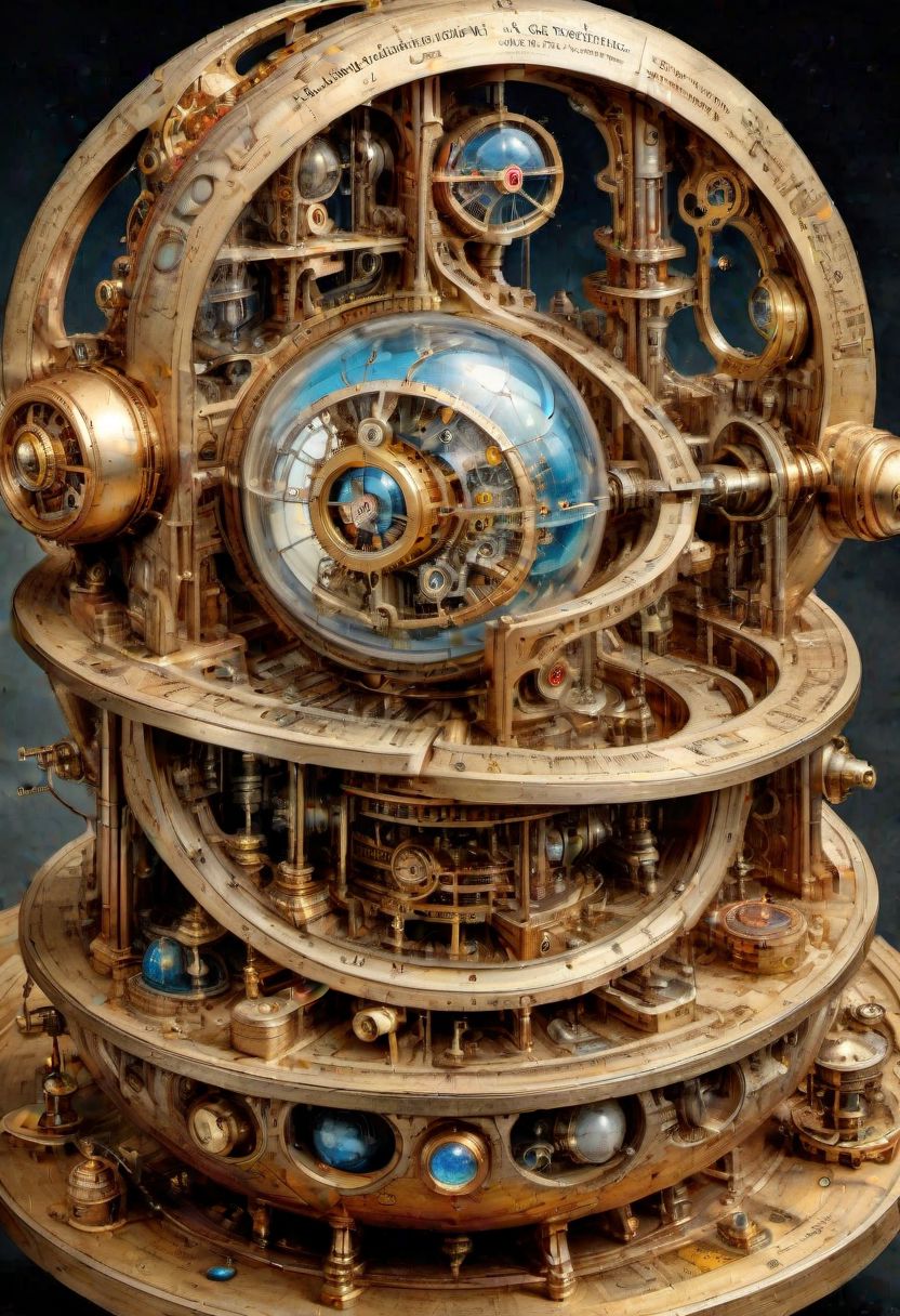 national geographic, best quality, masterpiece, award winning photo, fantasy landscape, extremely detailed, HDR, a photorealistic exploded view of a clockwork steampunk astrolabe armilar sphere, labeled parts, technical details, cross-section view, characteristic astronomy, focus, contrast, brightness, realistic style, scientific accuracy, clear and concise