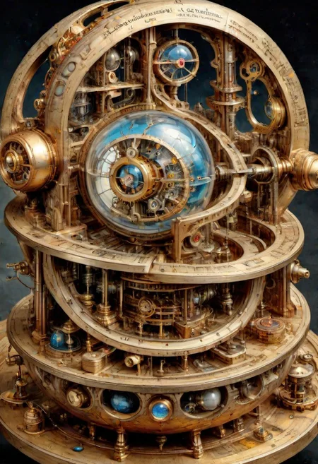 national geographic, best quality, masterpiece, award winning photo, fantasy landscape, extremely detailed, HDR, a photorealistic exploded view of a clockwork steampunk astrolabe armilar sphere, labeled parts, technical details, cross-section view, characteristic astronomy, focus, contrast, brightness, realistic style, scientific accuracy, clear and concise