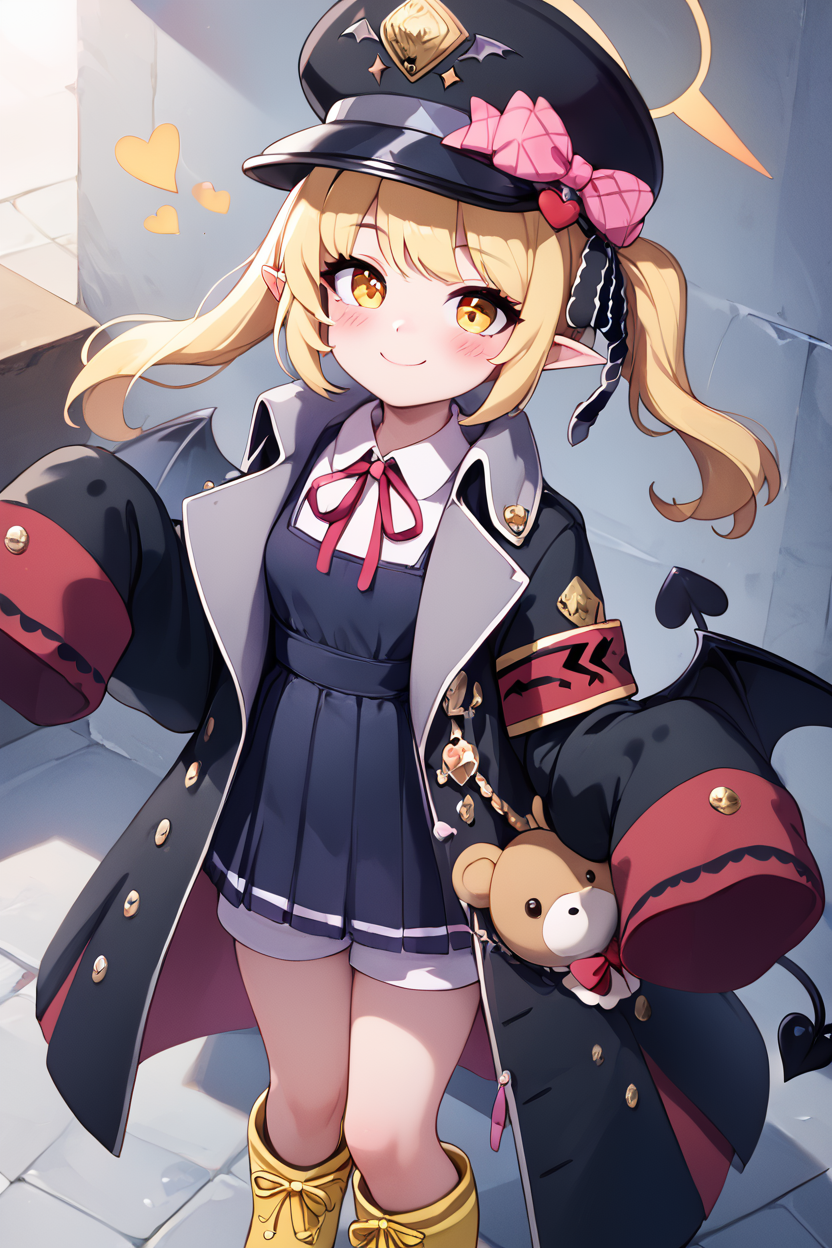 score_9, score_8_up, score_8, medium breasts, (curvy), cute, eyelashes,       BREAK, , ,,, zzIbuki, yellow eyes, yellow halo, blonde hair, long hair, tail, side ponytail, horns, demon horns, black horns, hair ribbon, pointy ears, wings, demon wings, black wings, tail, demon tail, horns, black tail, demon horns, black horns, demon girl, low wings, hair ribbon, neck ribbon, black headwear, red ribbon, peaked cap, black coat, collared shirt, long sleeves, open coat, pinafore dress, sleeves past fingers, black dress, hat bow, white shirt, yellow footwear, boots, white shorts, oversized clothes, red armband, military hat, pink bow, <lora:Ibuki_BlueArchive_PDXL:0.8>,    ,,,, BREAK, closed mouth, alternate costume, smile, looking at viewer, collared shirt, blush, sweater, black skirt, eyelashes, long sleeves, sleeves past wrists, plaid skirt, shoulder bag, black bag, blurry, tile floor, pleated skirt, white shirt, cowboy shot, ,,, embedding:zPDXL, Expressiveh, ,,, <lora:Vivid:0.7>, <lora:Uncensored_PonyXL_cpt_v02.09:0.4>, <lora:Expressive_H-000001:0.4>,
